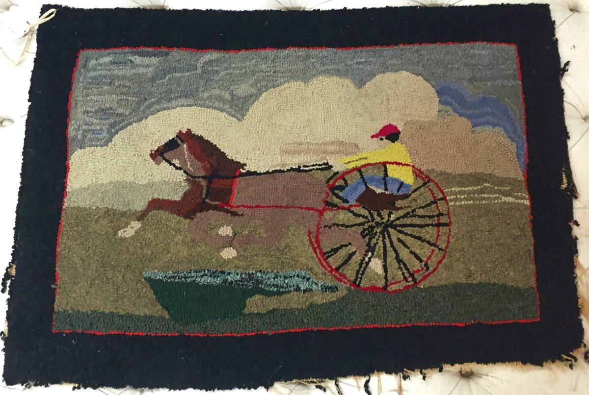 Hand-Hooked Horse & Sulky Rug c 1875