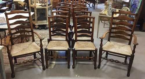 Set of 10 Antique Rush Seat Farmhouse Dining Chairs