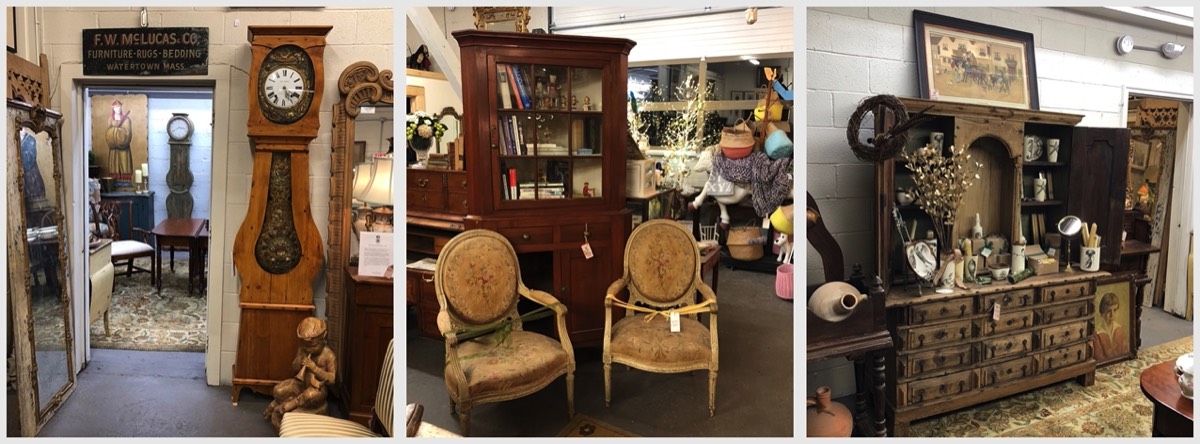 antique case clock, mora clock, aubusson chair, corner cabinet-hutch