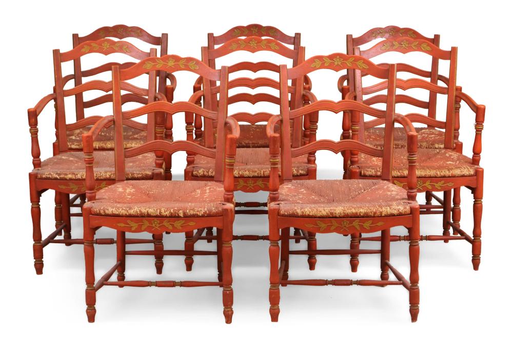 <b>Red-Painted Provincial Armchairs</b><br>set of 8; rush seats<br>circa 1800s