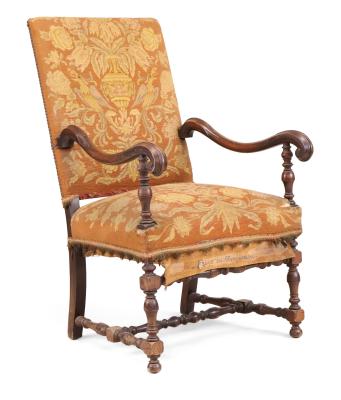 <b>French Louis XIII Walnut Library Armchair</b><br> Needlepoint upholstery<br> circa 19th cen., France