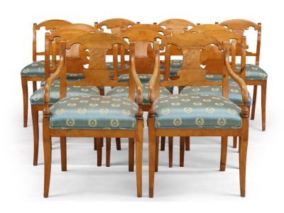 <b> (12) Biedermeier Birchwood Dining Chairs</b><br>2 arm + 10 sidechairs<br>circa 19th cen., Continental