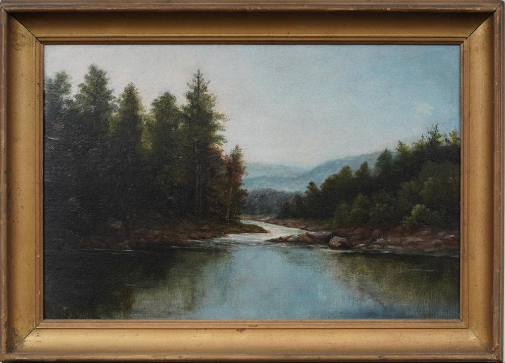 <b> Hudson River School Landscape</b><br>Oil on board<br>approx. 13 x 18 inches<br>circa 19th cen., USA 