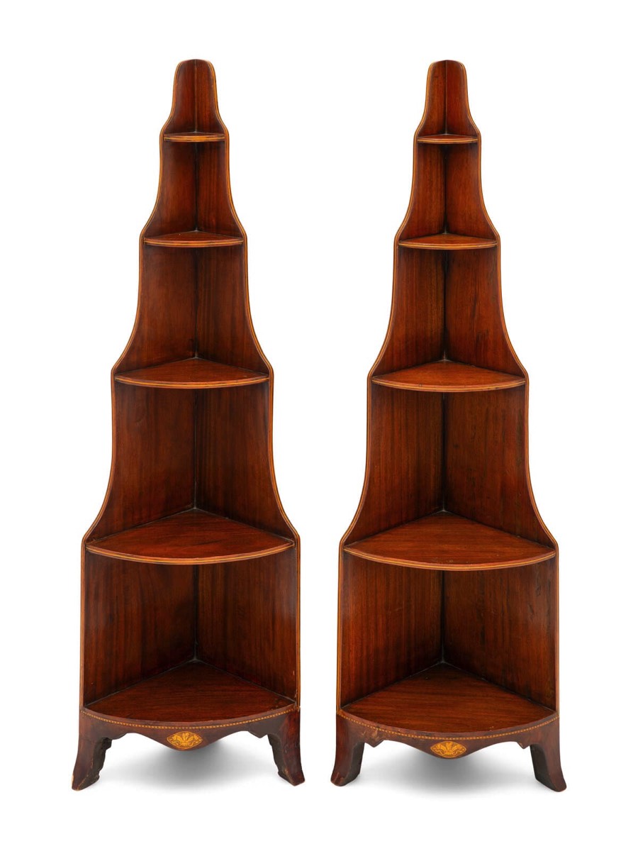 <b>Regency-Style Mahogany Corner Etageres</b><br>approx. 54 inches tall; circa 19th cen.