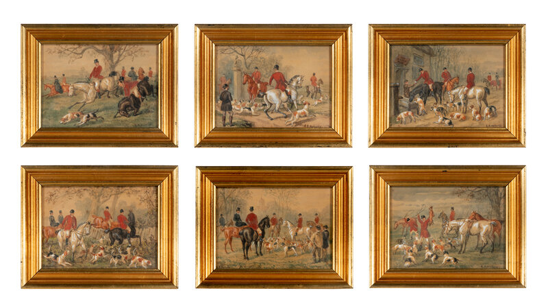 <b>Hunt Scenes (6 works)</b><br> Watercolor and gouache on paper<br> approx. 6 x 4.25 inches<br> circa late-18th cen., England 