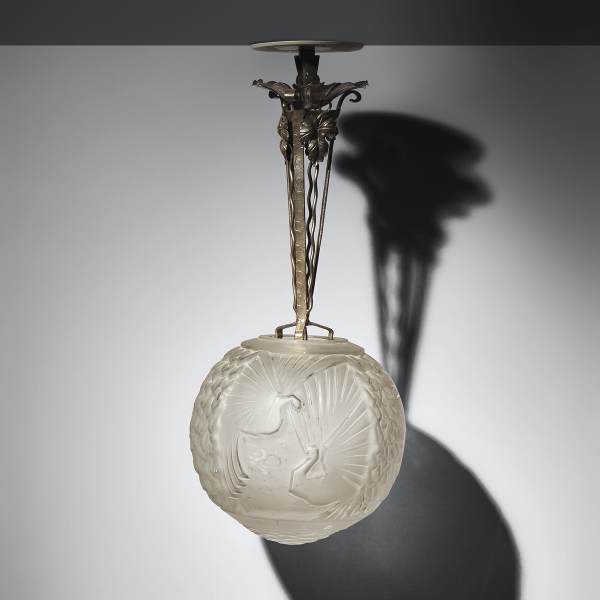 <b>French Hangling Lamp w/cast Globe</b><br>approx. 9.5 H x  7.75 diam. inches<br> circa 1900, France 