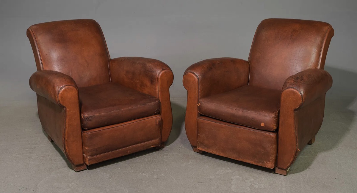 <b>Pr of French Leather Club Chairs</b><br>circa 20th cen., France 