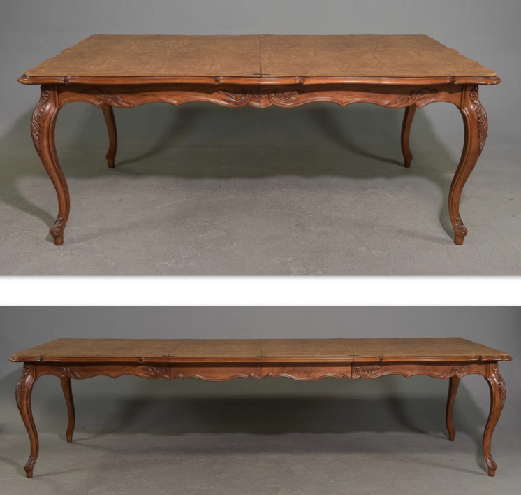 <b>French Provincial-Style Dining Table </b><br>approx. 30 T x  76.5 L x 110 L (w/leaves) x 46.5 inches<br> circa 20th cen.
