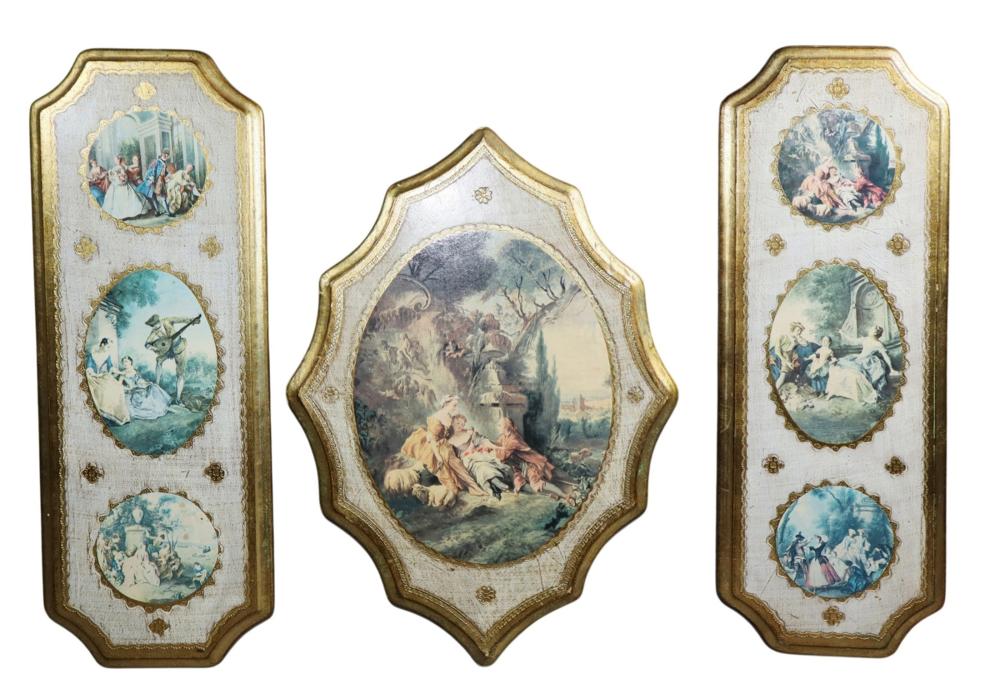 <b>Decorative Italian Florentine Gilt Wood Triptych Wall Panels</b><br> approx 20.5” tall x 7.4 wide & 18 tall x 11.75 wide inches<br> circa 1960, Italy