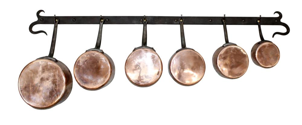 <b>Set of French Copper Pans w/Forged Iron Rack</b><br>circa 1900, France