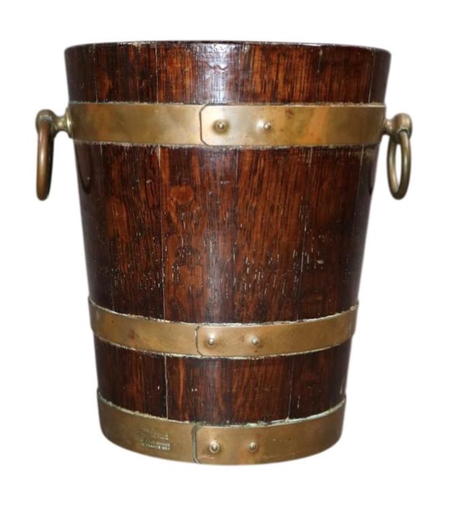 <b>Gerard LaFitte Oak & Brass Banded Wine/Champagne Bucket </b><br> approx. 9.5 tall x 8.5 diameter inches<br> circa 1920-1950, France 