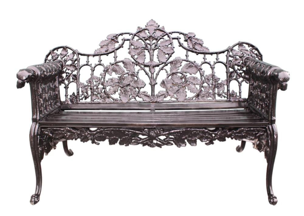 <b>Antique Victorian Cast Iron Garden Bench</b><br> Oak & ivy pattern, Coalbrookdale style<br> approx.37  tall x 58 long x 24 deep inches<br> circa 1900