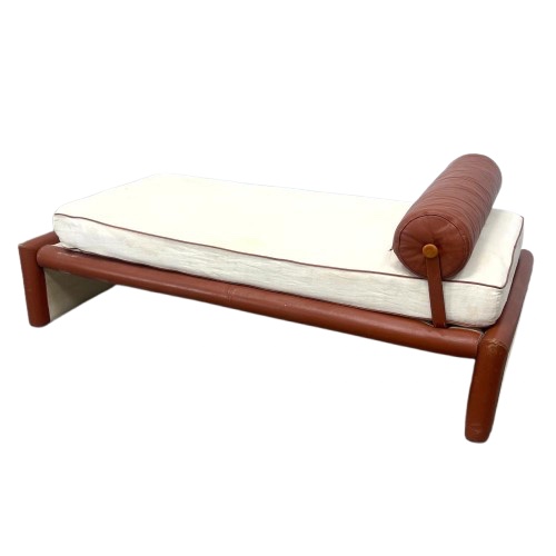<b>Fendi Casa La Luna Daybed</b><br> Leather-wrapped frame w/linen cushion, leather bolster<br> approx. 20 tall x 69 long x 33.5 deep inches<br> circa 20th cen., Italy 
