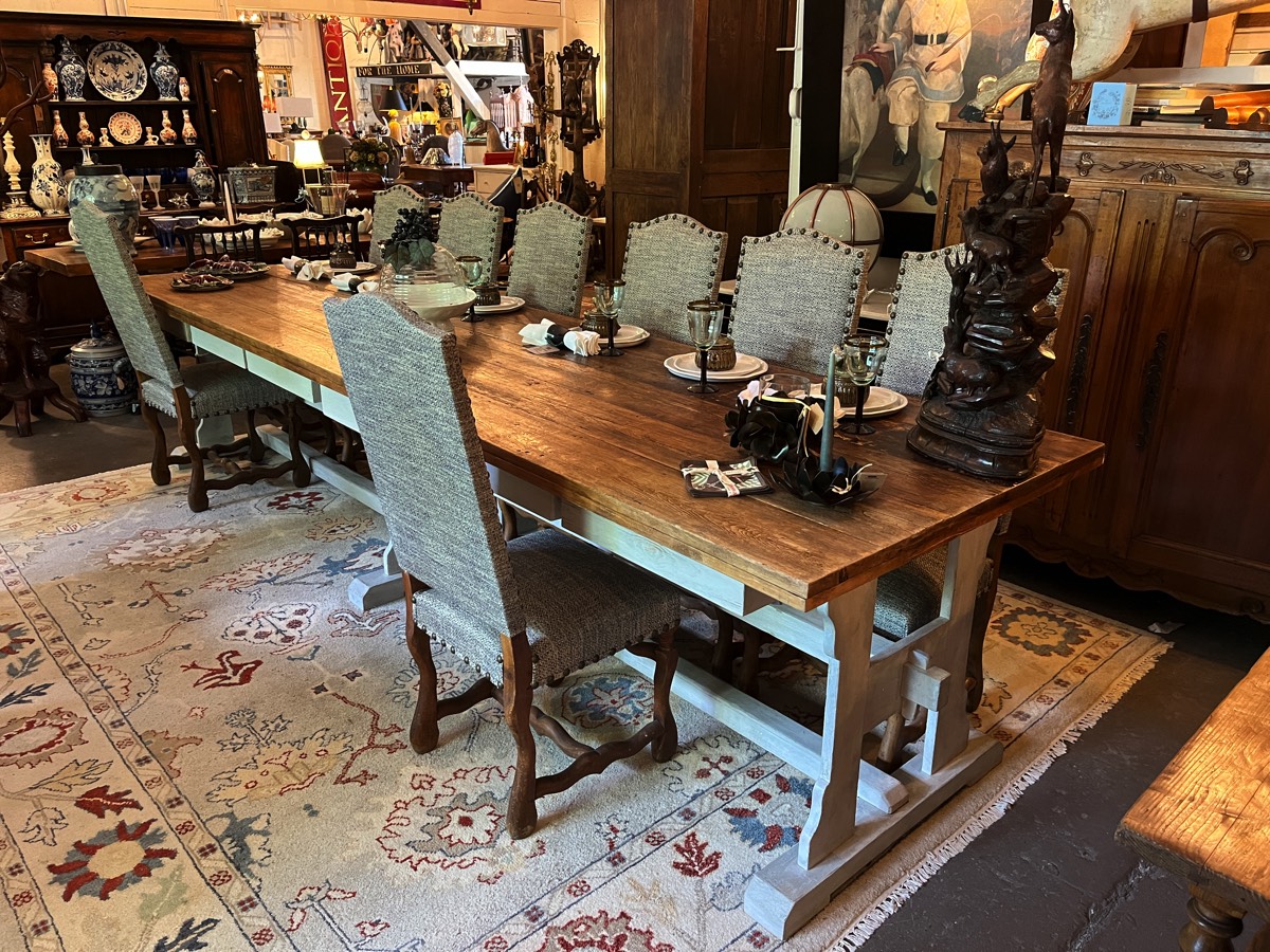 <b>Monumental Refectory/Farm Table</b><br> Plank top, painted trestle base; seats 10-12<br> approx. 31.75 tall x 142 long x 38.75 deep inches<br> contemporary