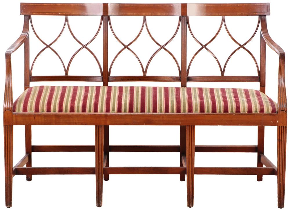 <b>English Hepplewhite-Style Mahogany Settee</b><br>  Triple chair back form<br>  approx. 38 tall x 51 long x 20 deep inches<br>  circa 1930, England  