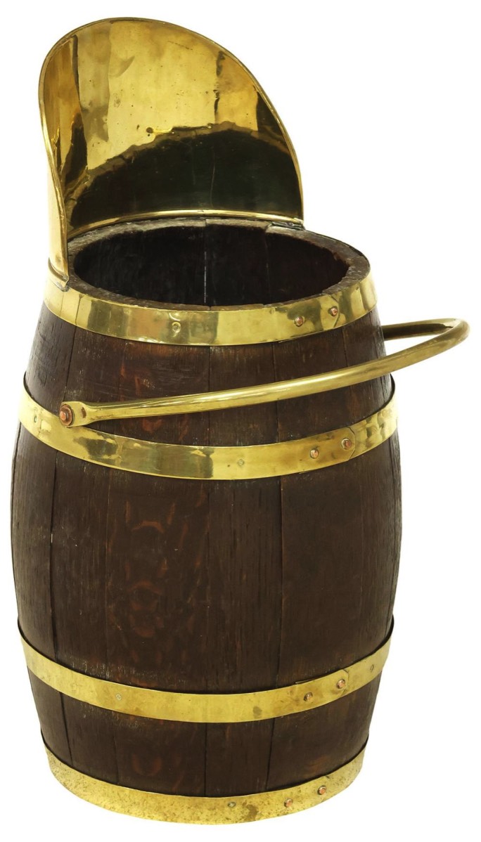 <b>Brass-Banded Oak Coal Scuttle</b><br> approx. 22.5 tall x 13 diam. inches<br> circa 19th cen., England