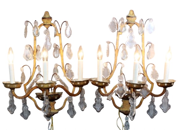 <b>Pr Italian Gilt & Rock Crystal 5-Arm Wall Sconces</b><br> circa 18th/19th cen., Italy