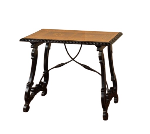 <b>Spanish Baroque-Style Trestle Side Table</b><br>  Marquetry top, pierced supports, iron stretcher<br> 22.5 tall x 26.5 wide x 17.5 inches