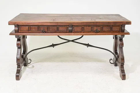 <b>Spanish Library Table/Desk</b><br> Iron stretchers<br>  approx. 31 tall x 59.5 wide x 25.5 inches<br> circa 19th cen., Spain 