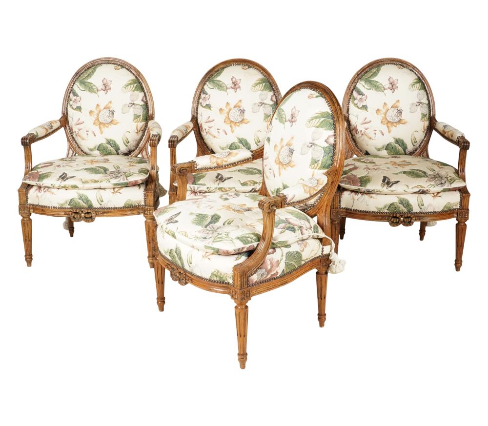 <b>Louis XVI-Style Fauteuils</b><br>  Refinished & restored.<br> circa 19th cen. (later fabric), France<br> approx. 38.5 tall x 26 wide x 20 inches 