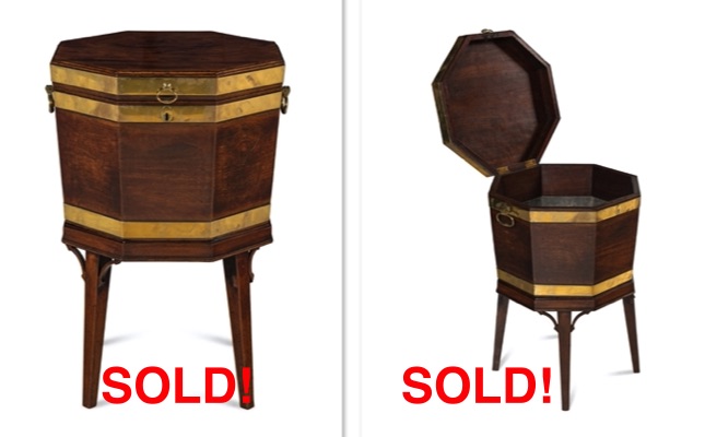 <b>George III Brass-Banded Mahogany Cellarette</b><br> approx. 30 tall x 19 inches <br> circa late-18th cen. w/later stand, England 