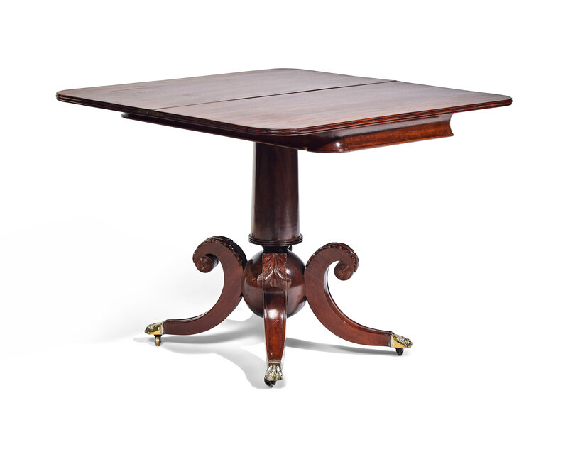 <b>Federal Carved Mahogany Card Table</b><br> approx. 28.5 tall x 35 wide x 18 (closed) x 36 (opened) inches<br>  circa early-1800s, USA, Boston 