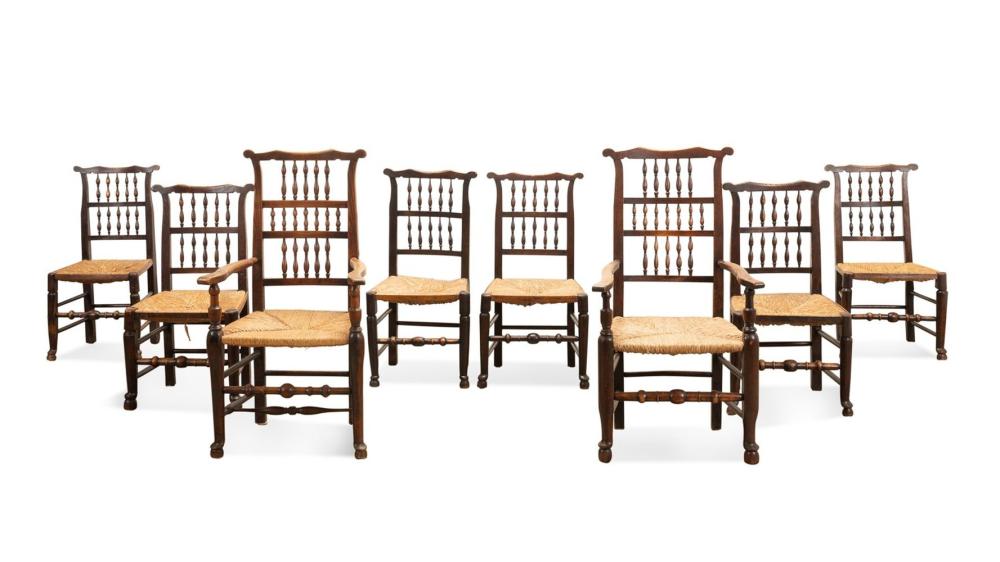 <b>Set of 8 Yorkshire Oak Dining Chairs</b><br> Armchairs: approx. 44.5 tall x 24.5 wide x 19 deep inches <br> Side Chairs: approx. 37 tall x 19 wide15.75 deep inches<br> circa 20th cen., England 