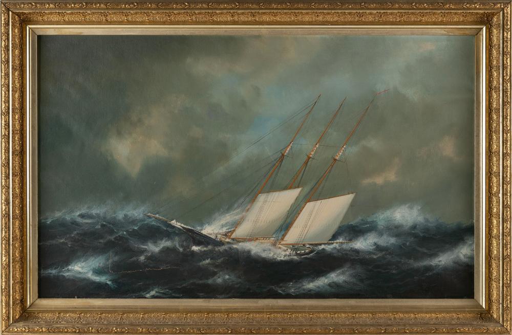 <b>3-Mast Ship in Rolling Seas</b><br> Oil on canvas, unsigned<br> approx. 22 x 36 inches<br> circa 1900, New England, USA