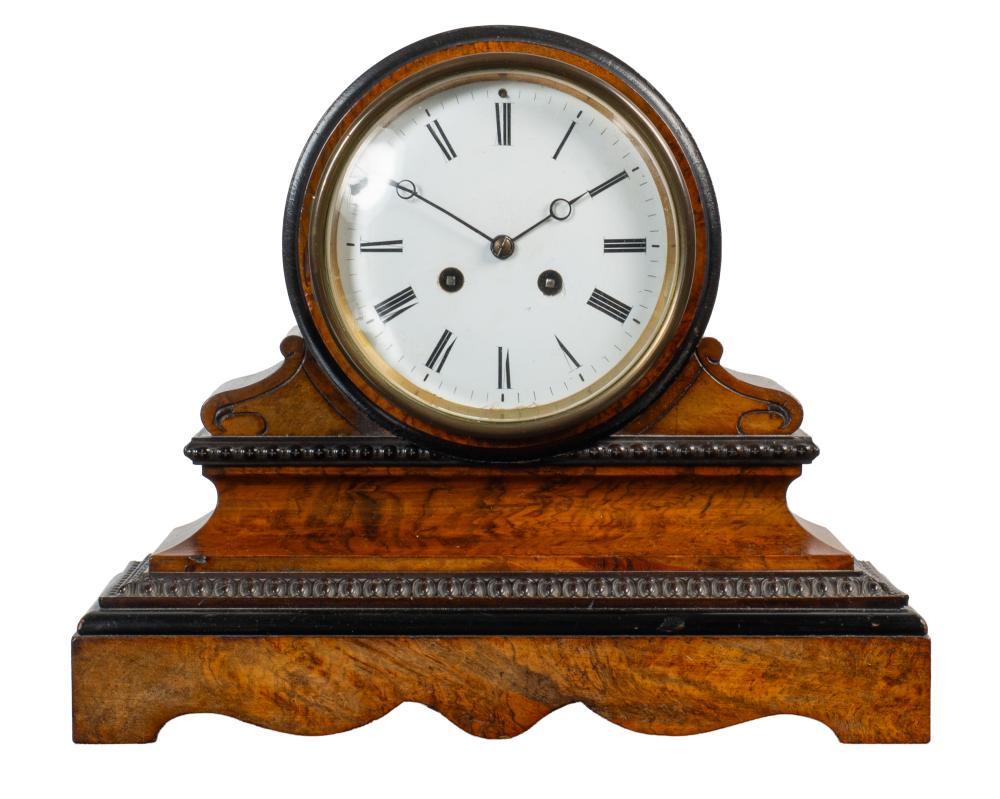 <b>Walnut Mantle Clock</b><br> approx. 10.5 tall x 12.75 wide x 14cm deep x 5.5 inches deep<br> circa 19th cen., England