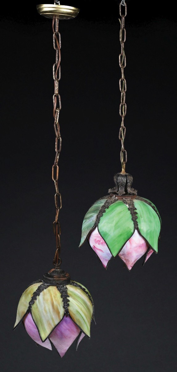 <b>Slag Glass Hanging Tulip-Form Lamps</b><br> approx. 10 x 10 x 12 inches<br> circa early-20th cen.