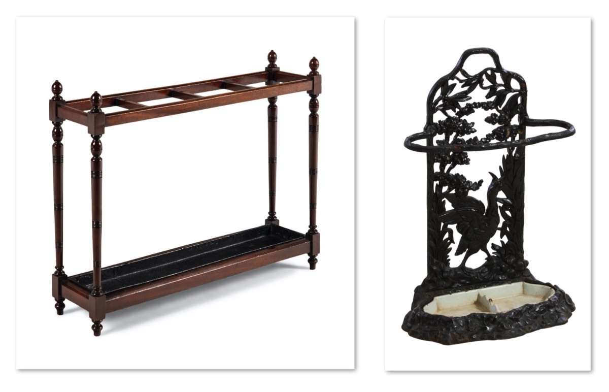 <b>Umbrella/Cane Stands</b><br>Both circa mid-19th c., England (left) & France (right)<br>approx. 27 T x 34.5 W x 9 inches (left) & <br>27 T x 18.5 W x 9 inches (right) 