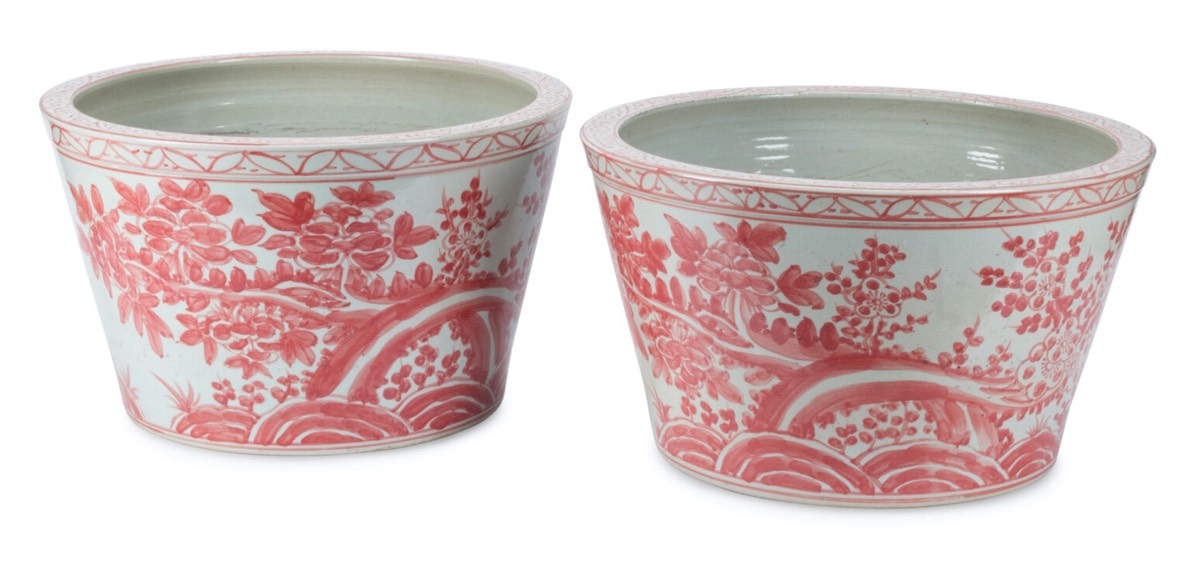 <b>Chinese Export Style Porcelain Cachepots</b><br> approx. 10 T x 17 diam inches<br> circa 20th cen., China 