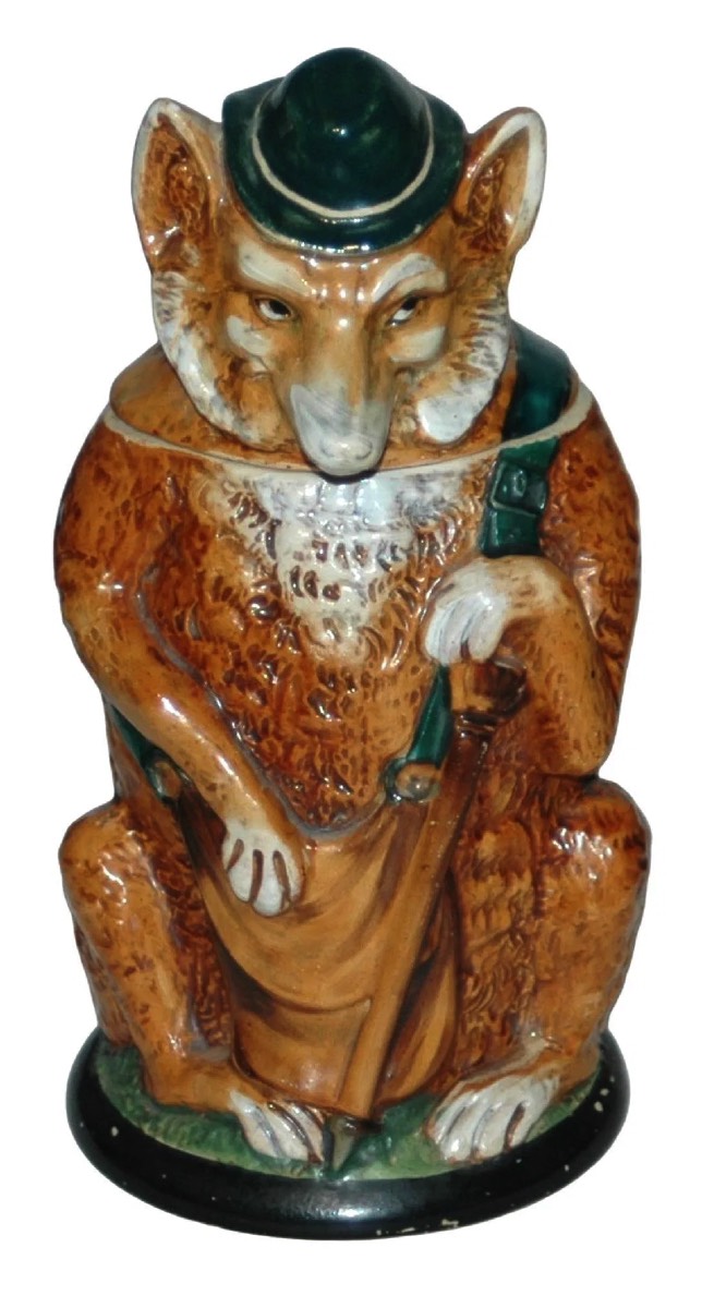 <b>Fox Beer Stein</b><br> In the Historismus style by Reinhold Hanke Stoneware<br> Circa 1900, Germany