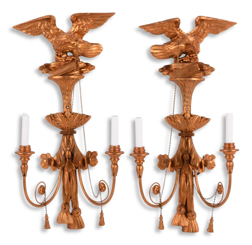 <b>Regency-Style Giltwood Sconces</b><br> approx. 31.5 x 14.5 inches<br> circa 20th cen. 