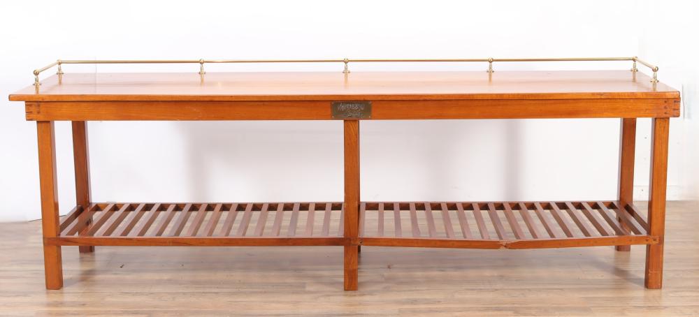 <b>Steamship Galleried Worktable</b><br>(think: kitchen island or…)<br>approx. x 30 T x 96 W x 23.75 D inches<br> circa 1900, possibly Australian 