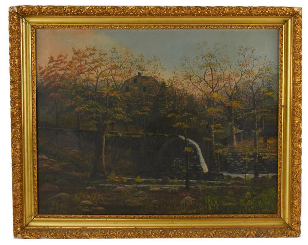 <b>Old Mill</b><br> Oil on canvas<br> approx. 24 x 30 inches<br>circa 19th cen., CT, USA
