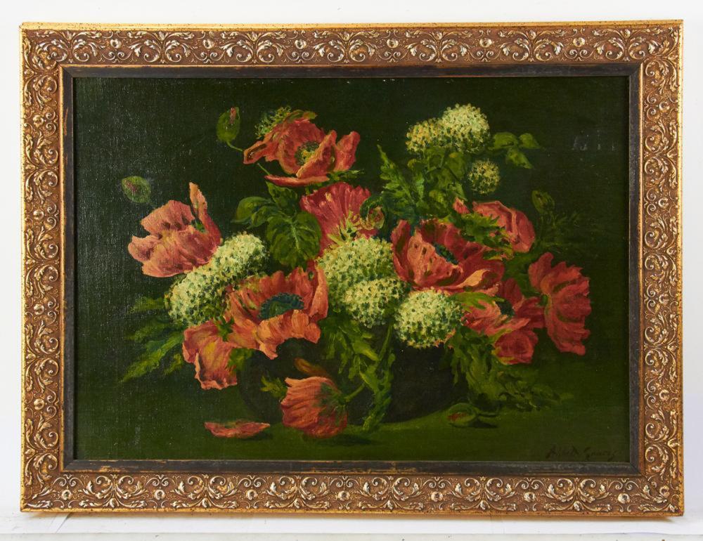 <b>Still Life w/Poppies</b><br> Oil on canvas<br>  approx. 23 x 30 inches<br> circa 1900, USA