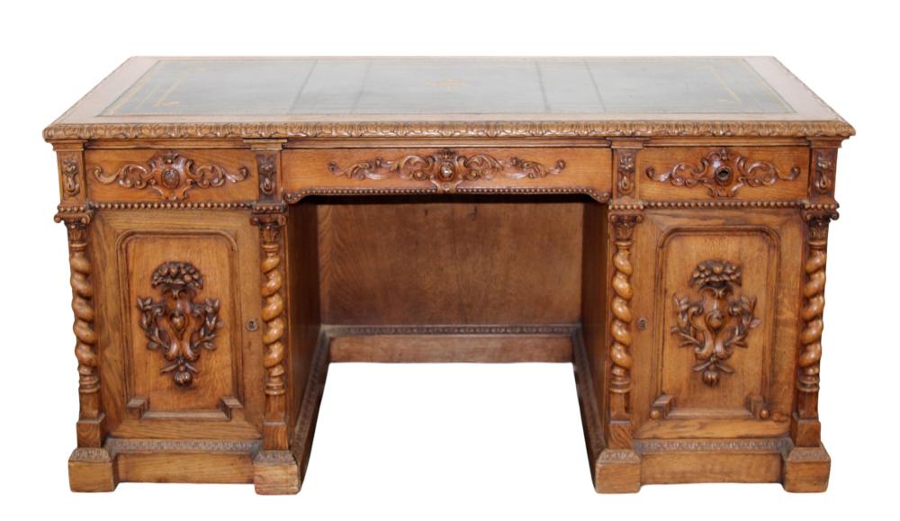 <b>French Carved Oak Desk</b><br>  approx. 29.5 T x 59.5 W x 30.75 inches <br> circa early-20th cen., France 