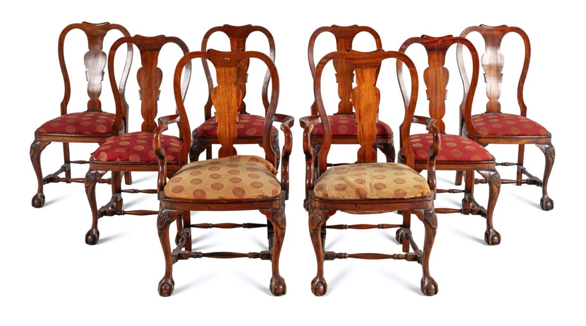 <b>Set of (8) George II-Style Dining Chairs</b><br> (2) armchairs & (6) sidechairs<br> approx. 40.5 T x 26 W x 21 D inches<br> circa 19th cen.
