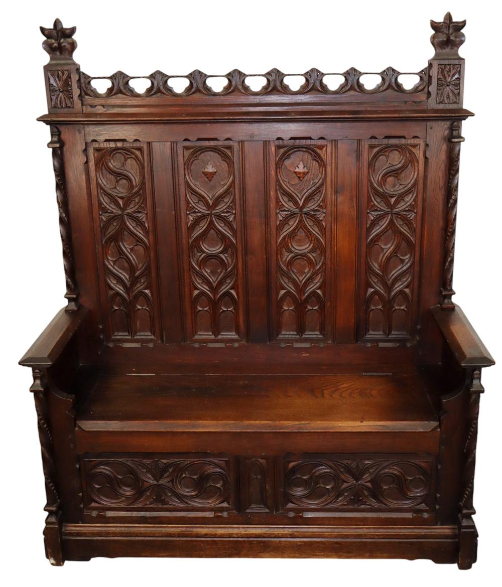 <b>Gothic Revival Oak Hall Bench</b><br>approx. 60 T x 50 W x 17 D inches<br>circa 1800, France