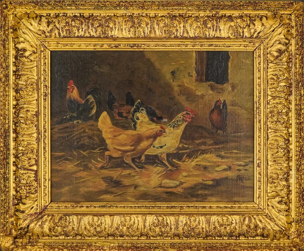 <b>Chickens Oil on Board</b><br>approx. 9.5 x 11.5 inches