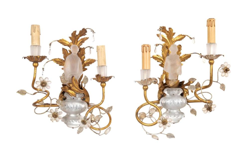 <b>Crystal & Gilt Metal Sconces</b><br> approx. 15.5 in. T x 12.5 W x 5 in. D<br> circa 20th cen., USA 