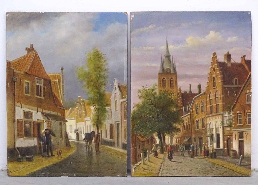 <b>Dutch School Street Scenes</b><br>Oil on panel<br>approx. 17 x 12.5 inches (each)