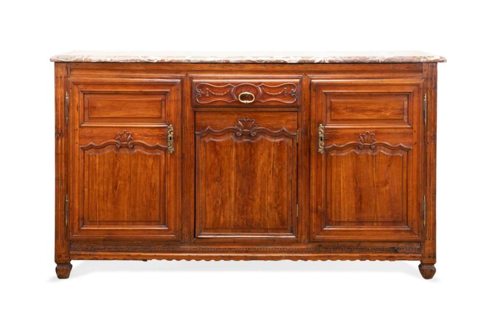 <b>French Provincial Cherry Enfilade/Buffet</b><br> Marble top.  Approx. 42.5 in. T x 73.25 in. W x 21.5 in. D<br> circa late-1800s, France
