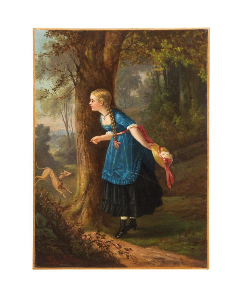 <b>Girl w/Dog Oil on Canvas</b><br>approx. 23 x 16.75 inches<br>circa mid-1800s, Germany
