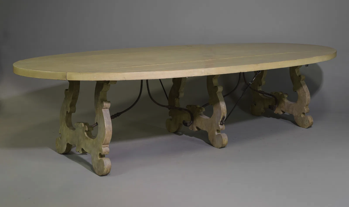 <b>Monumental Dropleaf Dining Table</b><br>Lyre legs & wrought iron base<br>approx. 33 T x 138 L x 71 D inches<br>circa contemporary, USA