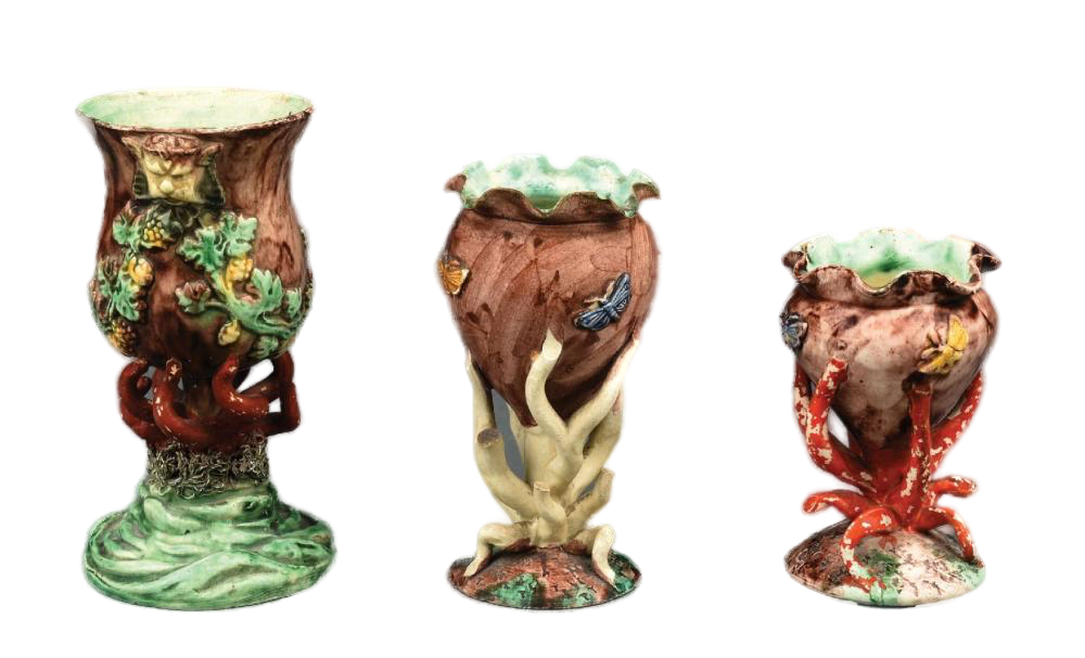 <b>Palissy Vases</b><br>approx. 6 in. T x 3.25 in. (tallest)<br>circa late-1800s, France 