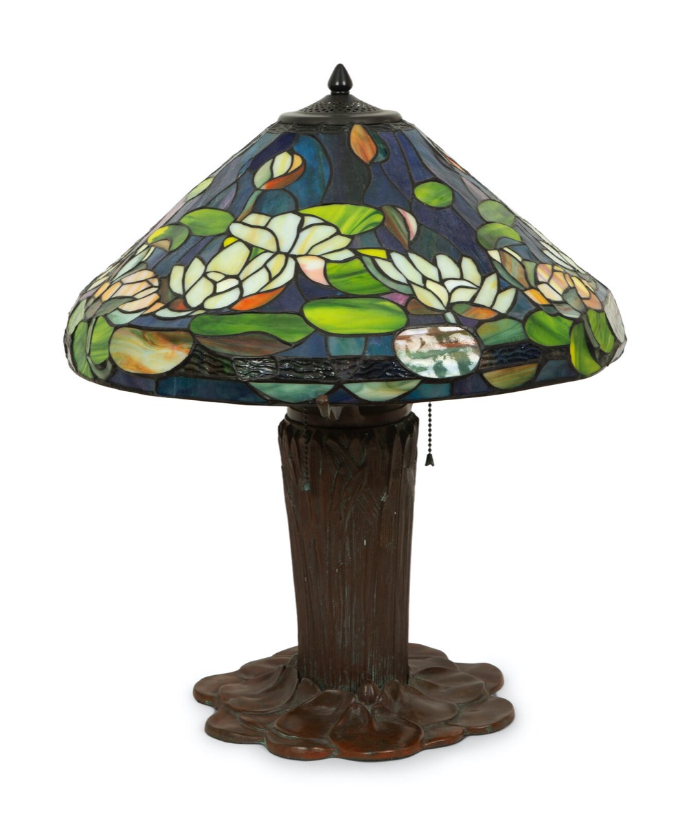 <b>Leaded Glass & Bronze Water Lily Lamp</b><br>20 in. tall x 20 in. diam. <br>cir. 20th cen., USA