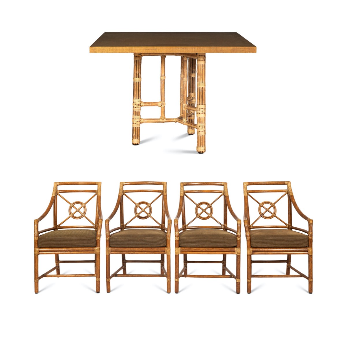 <b>Bamboo Table & Chairs</b><br>Table: 29 in. tall x 40 in. <br>cir. 20th cen.