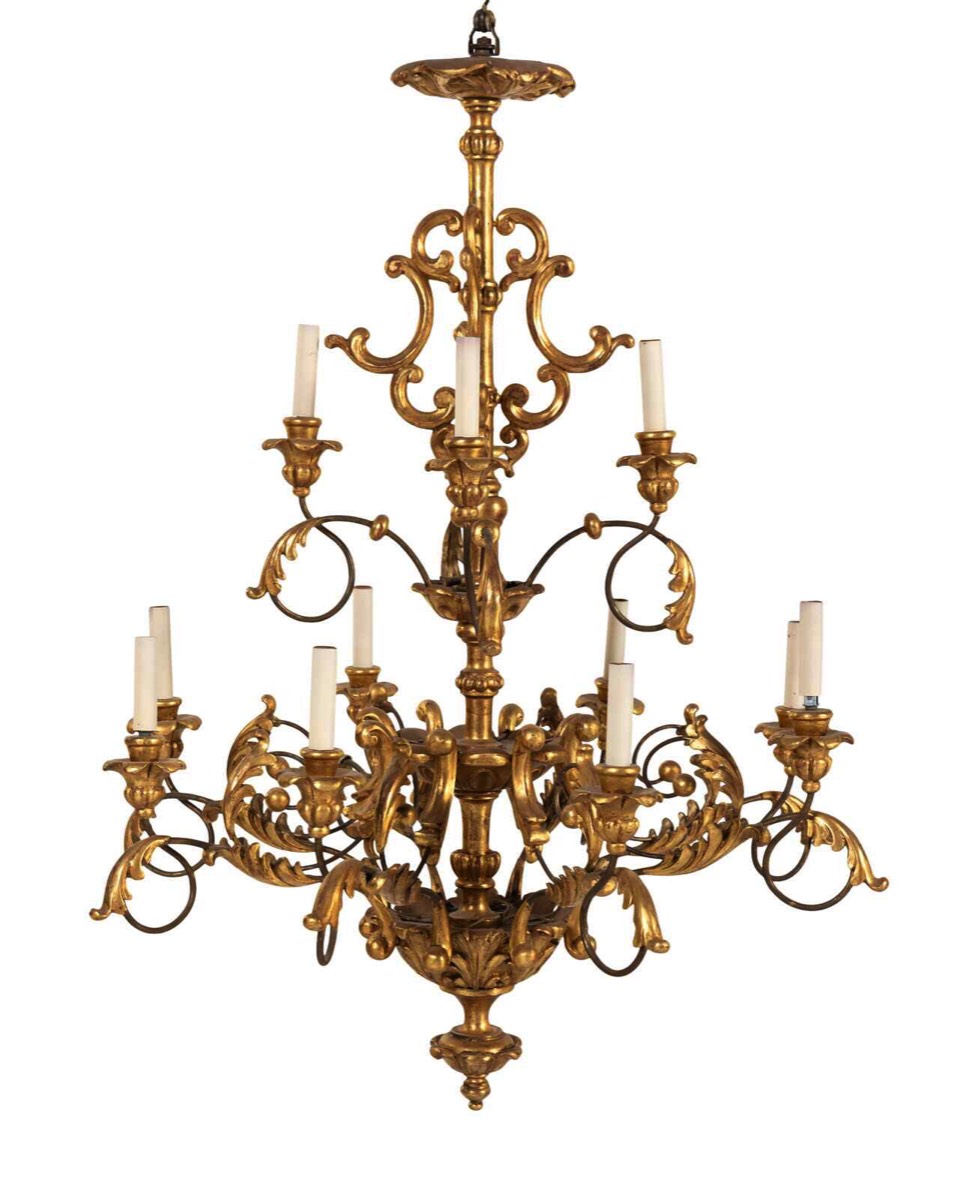 <b> Italian Giltwood 12-Light Chandelier </b><br>approx. 40 in. T x 38 diam. <br>circa 19th cen., Italy 